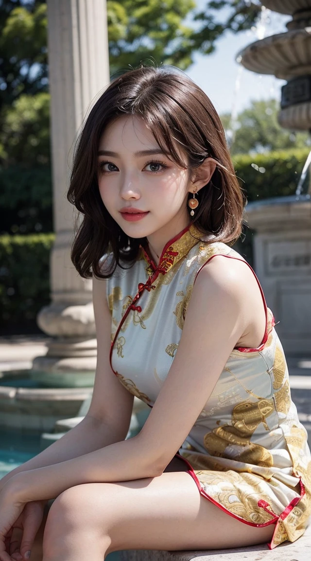 Top-quality Realistic,Official art,Highly detailed CG Unity 8k wallpaper,ultra-detailliert,hight resolution,Physically-based rendering,Magnificat,finely detail,masterpiece,Best Quality,ultra detailed, Face Light,Mature beauty,Beautiful girl,1girl,moist lips,sexy lips,Sexy smile,Gentle smile, 20 years old, Beautiful bare skin,Smooth bare skin,(Beautiful and radiant skin), big well-shaped breasts, beautiful cleavage,beautiful Mature body,swept bangs,(Medium hair:1.3), beautiful detailed eyes,model shoot style,Japanese Idol, Full-body,((Sitting beside a large white marble fountain)),BREAK,(Sit in the fountain:1.2),((Red and gold-embellished Cheongsam from the Ming Dynasty:1.5)),BREAK,(Heart shaped necklace),(Triangle ornament earrings),BREAK,(upper body:1.3),(Crossing your legs:1.2),looking down,shoot from below,gentle smile like a goddess, ((Extreme close-up)),