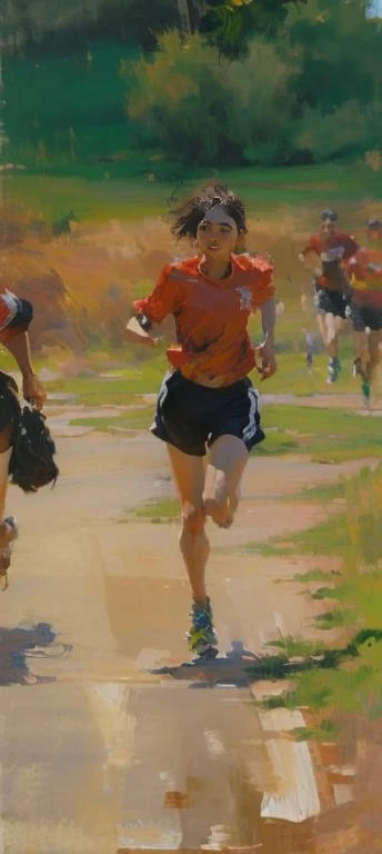 painting of a group of People run on a dirt road, People run,Impressionist brushwork, 到第一幅painting, byNatasha Tan, painting笔法, Delicate face,painting,Sunlight