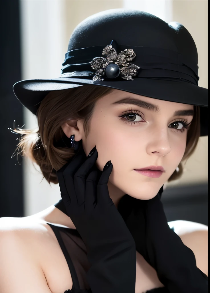 Close-up of a woman in a black dress and gloves, Gloves and jewelry. motion, Black gloves, Emma Watson(Catwoman), chaumet, chaumet style, Hand Jewelry Model Photos, ブラックキャナリー役のEmma Watson, Emma Watson(『Victorian Secrets』), Jessica Alba Women, ドリアダ役のEmma Watson, Emma Watson(cosmopolitan), Emma Watsonがグッチのモデルに