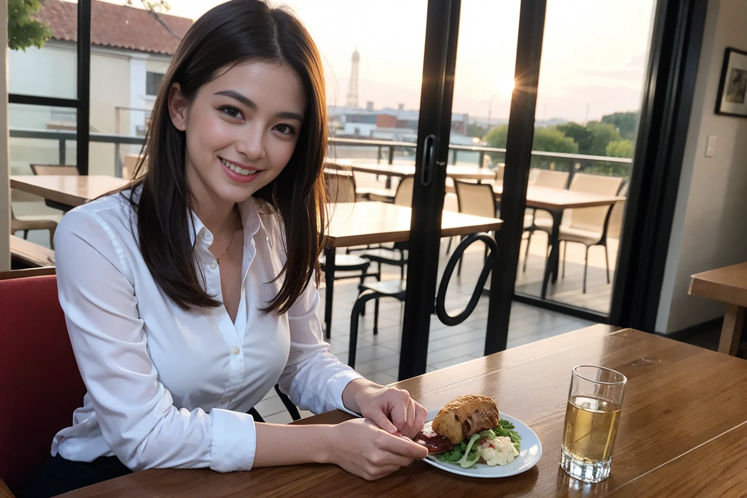 ((Highest quality、8K、masterpiece:1.3))、Sharp focus:1.2、Beautiful woman perfect body:1.4、最高のsmile、1 male 1 female、Beautiful couple、love love love、Lovers in Paris、Good friends、actressカップル、smile、Full-course dinner at a packed table、slimなボディ、((Bob Hale、Straight hair:1.2))、(to be born, Highest quality, masterpiece:1.5), (Realistic, Intricate details:1.2), テーブルにwine glass、Put the light on your face、 Amazing view of the sunset sky and clouds、Amazing mountain views、ニコニコ明るいsmile、smileの素敵な女性、Bright image、2. The beauty of wine, Beautiful Face, blue eyes, The light shines on your face, Blushing, short hair,Bright Face、Fox face、 (43 years old), 39 years old, Lady、red wine 、Appetizers、Italian food、Wine bottle、Champagne、sparkling wine、Two beauties、Brown Hair、Shortcuts、Long sleeve shirt、dress、Beautiful woman 1, (slimな顔), (The body is slim), (Brown Hair), (Shortcuts), cheeks turn a little red,Attractive beauty、, Out of the window, Beautiful and detailed night view.........., restaurant, In a prominent place (From the waist up) Nova Frog Style, actress, model, Upper Body, White wine, slim, wine glass, 真ん中に置かれたwine glass, smile, (smile: 1.15), Beautiful fine grain, Depth f/2,saturation, High Contrast, Strong light and shadow,Moist Body:1.5、3D texture、Delicate eyes、Brown Hair、The hair is very shiny、
