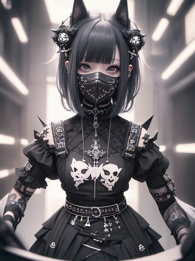 Highest quality、8K、masterpiece：1.3、Gothic Punk、The inside color is red、Black-haired、hair ornaments、Beautiful girl、creative、Dark Fantasy Style、Neogoth、Goth Fashion：1.2、High resolution、masterpiece、Highest quality、頭w:1.3、((Hasselblad Photos))、Fine skin、Sharp focus、(Cinematic lighting)、Realistic textured hair、((Black Mask)),Esbian all over、((View from below))