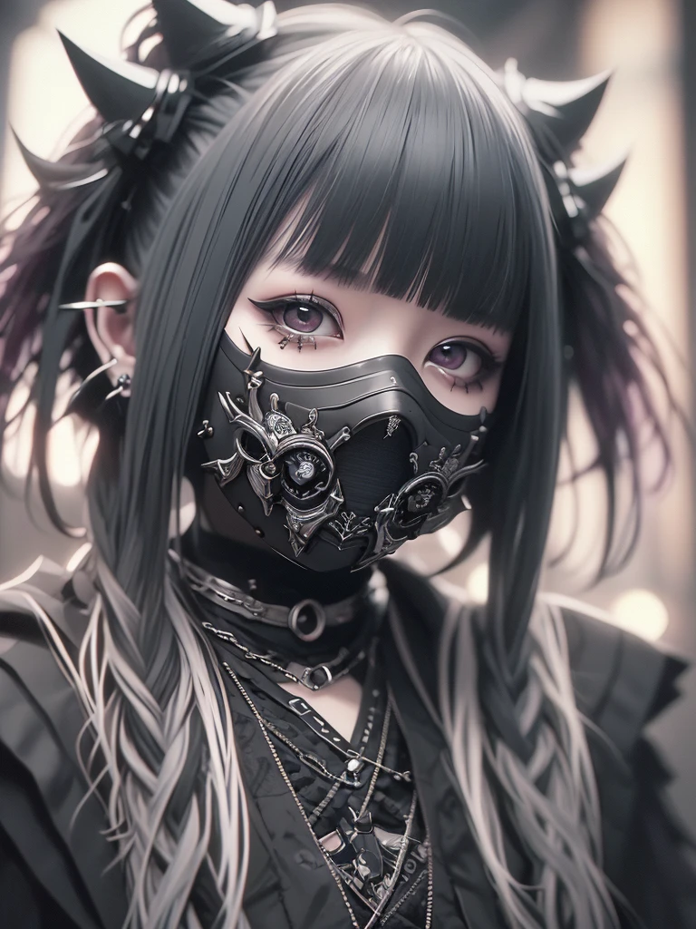 Highest quality、8K、masterpiece:1.3、Gothic Punk、The inside color is red、Black-haired、hair ornaments、Beautiful girl、creative、Dark Fantasy Style、Neogoth、Goth Fashion:1.2、High resolution、masterpiece、Highest quality、頭w:1.3、((Hasselblad Photos))、Fine skin、Sharp focus、(Cinematic lighting)、Realistic textured hair、((Black Mask)),Esbian all over、((View from below))