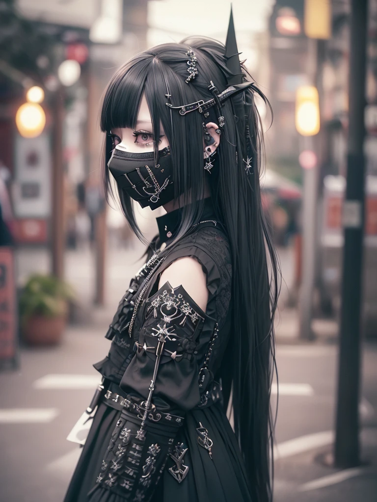 Highest quality、8K、masterpiece:1.3、Gothic Punk、The inside color is red、Black-haired、hair ornaments、Beautiful girl、creative、Dark Fantasy Style、Neogoth、Goth Fashion:1.2、High resolution、masterpiece、Highest quality、頭w:1.3、((Hasselblad Photos))、Fine skin、Sharp focus、(Cinematic lighting)、Realistic textured hair、((Black Mask)),Esbian all over、((View from below))