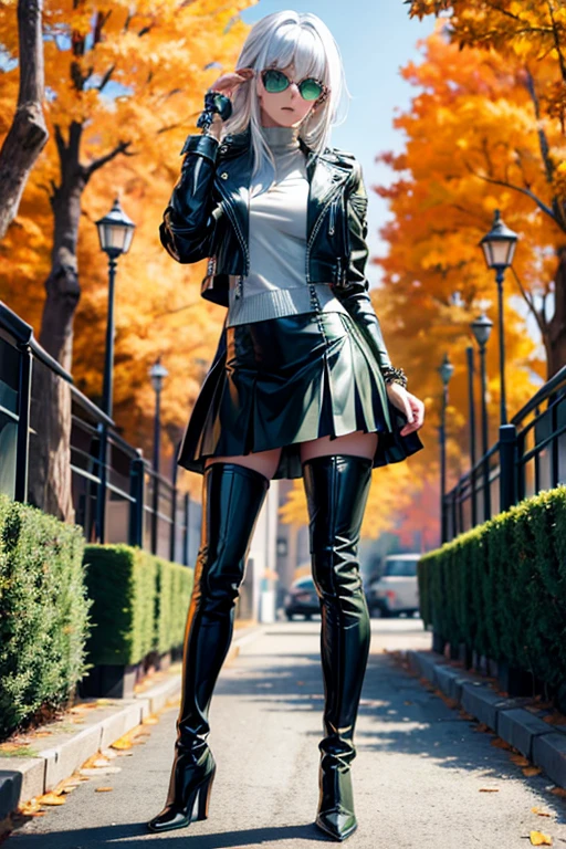 ultra quality, young woman, high, Bright skin, White hair, leather jacket, slim, topic, skirt, black thigh-high boots green eyes, Autumn, bracelets, park, height
