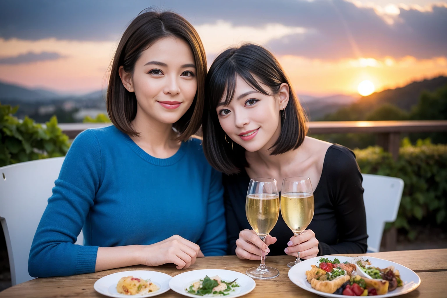((Highest quality、8K、masterpiece:1.3))、Sharp focus:1.2、Beautiful woman perfect body:1.4、最高のsmile、1 male 1 female、Beautiful couple、love love love、Lovers in Paris、Good friends、actress couple、smile、Full-course dinner at a packed table、Slim body、Slim body、((Bob Hale、Straight hair:1.2))、(to be born, Highest quality, masterpiece:1.5), (Realistic, Intricate details:1.2), Wine glasses on the table、Put the light on your face、 Amazing view of the sunset sky and clouds、Amazing mountain views、ニコニコ明るいsmile、smileの素敵な女性、Bright image、2. The beauty of wine, Beautiful Face, blue eyes, The light shines on your face, Blushing, short hair,Bright Face、 (43 years old), 39 years old, Lady、red wine 、Appetizers、Italian food、Wine bottle、Champagne、sparkling wine、Two beauties、Brown Hair、Shortcuts、Long sleeve shirt、dress、