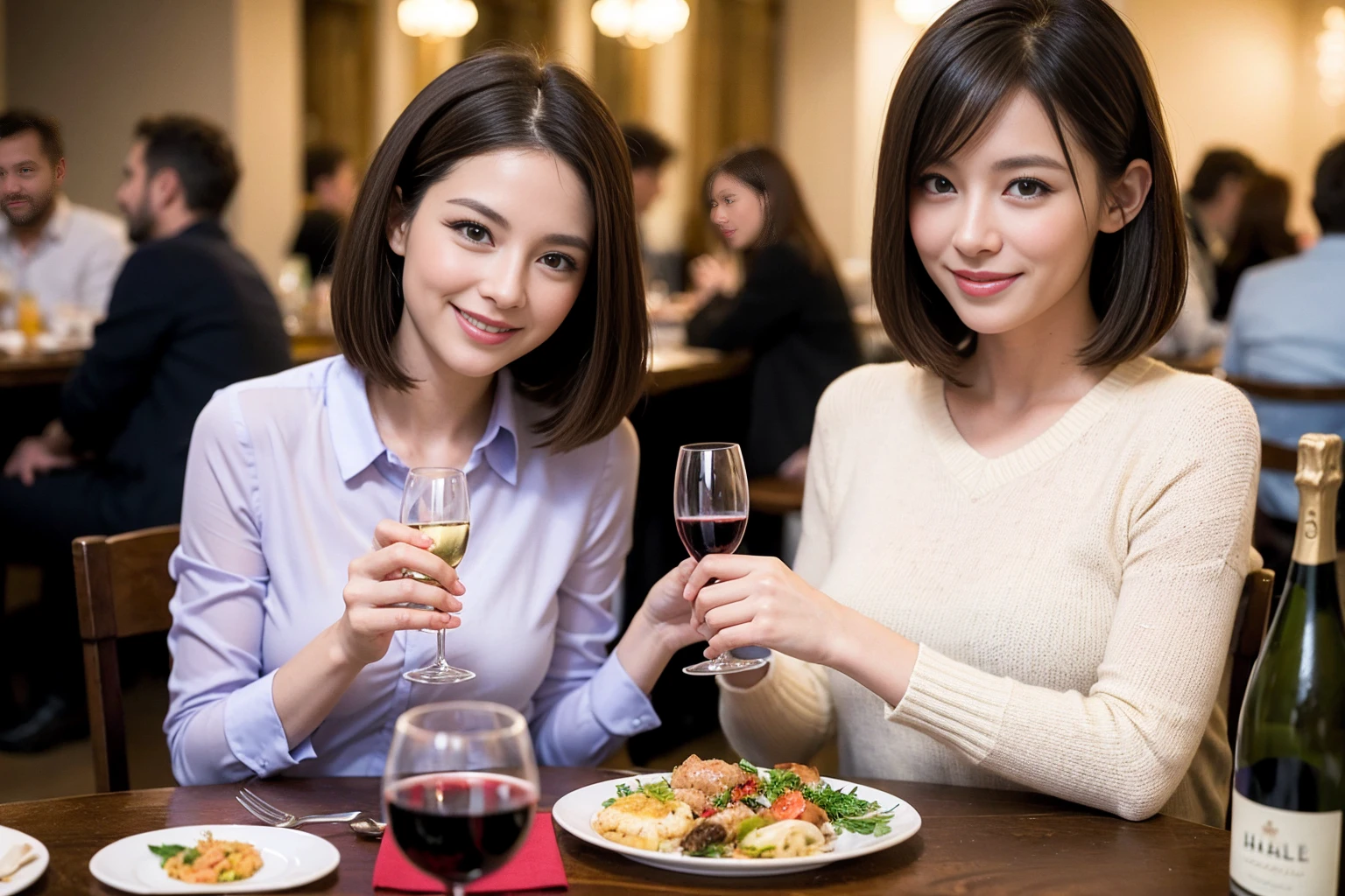 ((Highest quality、8K、masterpiece:1.3))、Sharp focus:1.2、Beautiful woman perfect body:1.4、最高のsmile、1 male 1 female、Beautiful couple、love love love、Lovers in Paris、Good friends、actress couple、smile、Full-course dinner at a packed table、Slim body、Slim body、((Bob Hale、Straight hair:1.2))、(to be born, Highest quality, masterpiece:1.5), (Realistic, Intricate details:1.2), Wine glasses on the table、Put the light on your face、 Amazing view of the sunset sky and clouds、Amazing mountain views、ニコニコ明るいsmile、smileの素敵な女性、Bright image、2. The beauty of wine, Beautiful Face, blue eyes, The light shines on your face, Blushing, short hair,Bright Face、 (43 years old), 39 years old, Lady、red wine 、Appetizers、Italian food、Wine bottle、Champagne、sparkling wine、Two beauties、Brown Hair、Shortcuts、Long sleeve shirt、dress、
