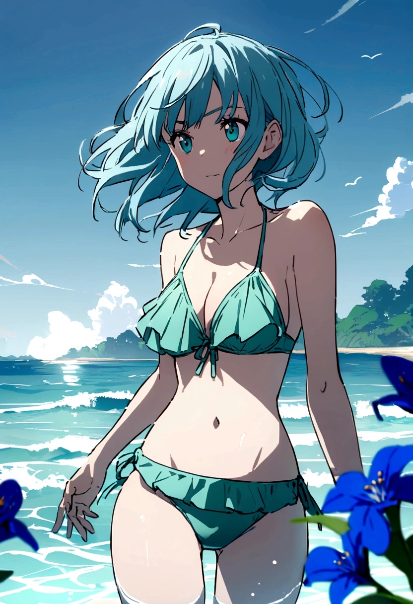 Fubuki in swimsuit, green bikini with blue flowers