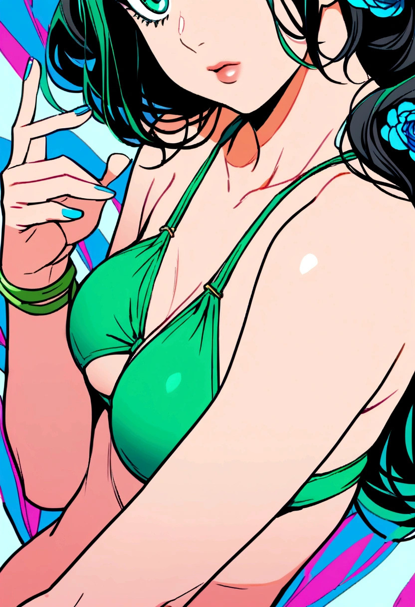 Fubuki in swimsuit, green bikini with blue flowers
