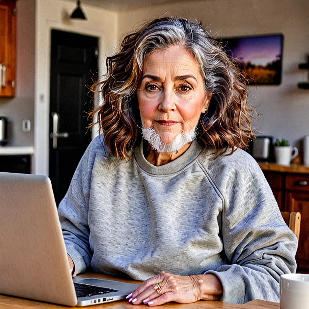 woman with a big gray beard, bobbed brown hair, hazel eyes, large rounded nose, behind her laptop, dressed in sweatshirt