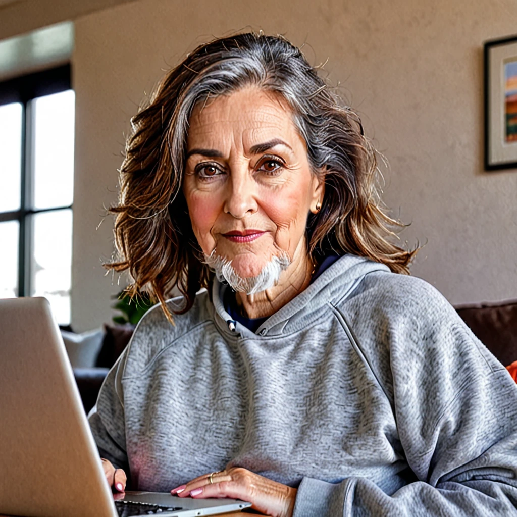 woman with a big gray beard, bobbed brown hair, hazel eyes, large rounded nose, behind her laptop, dressed in sweatshirt