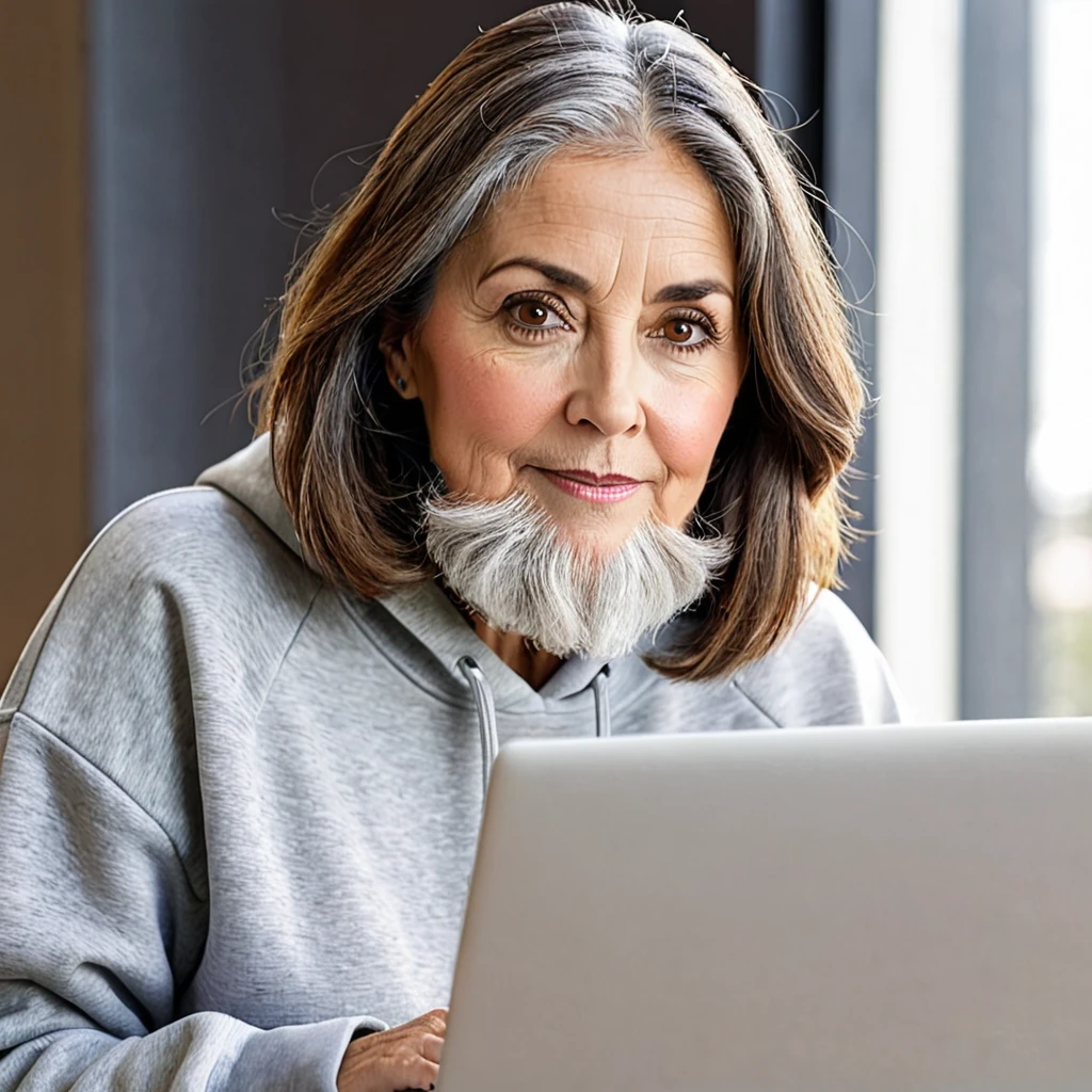 woman with a big gray beard, bobbed brown hair, hazel eyes, large rounded nose, behind her laptop, dressed in sweatshirt