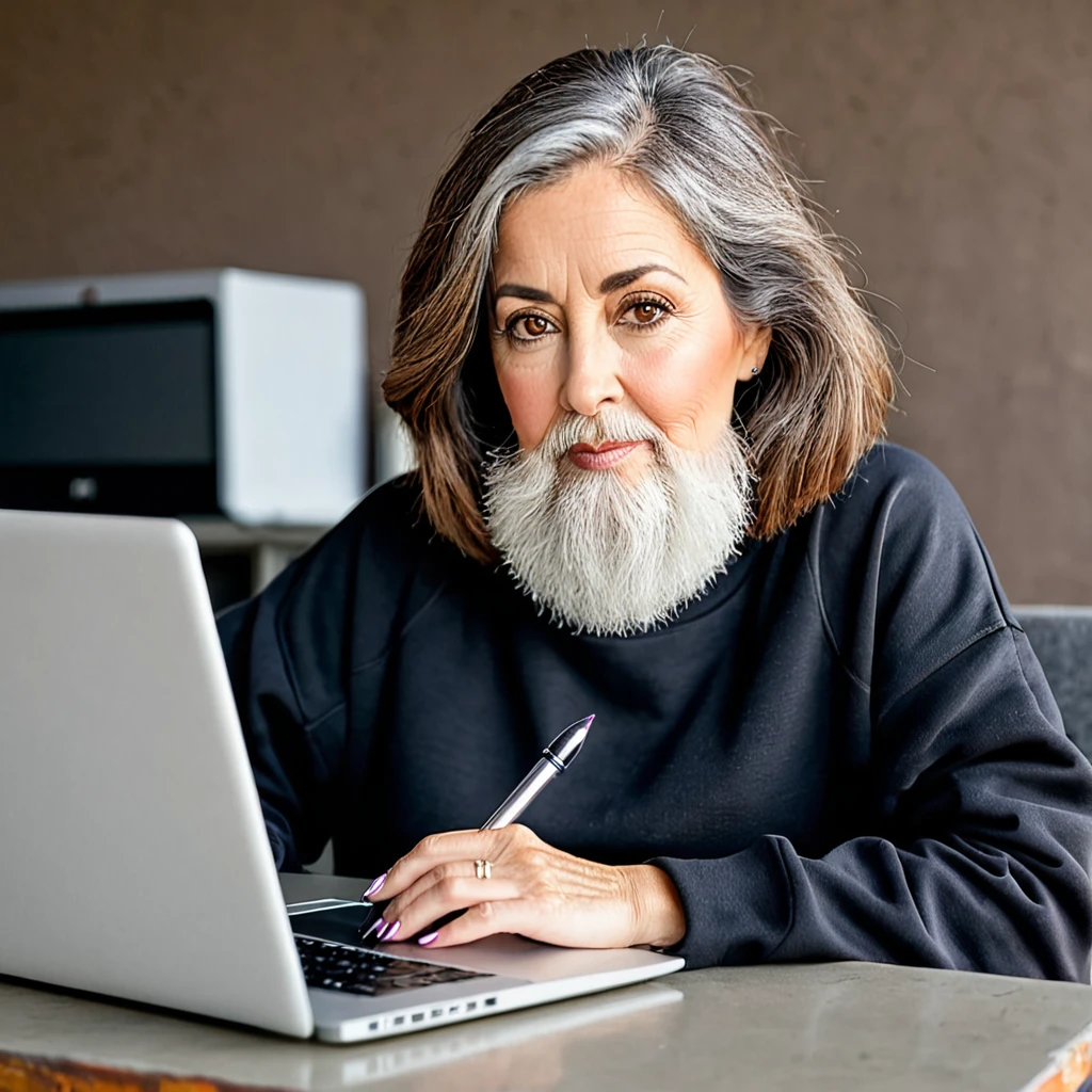 woman with a big gray beard, bobbed brown hair, hazel eyes, large rounded nose, behind her laptop, dressed in sweatshirt