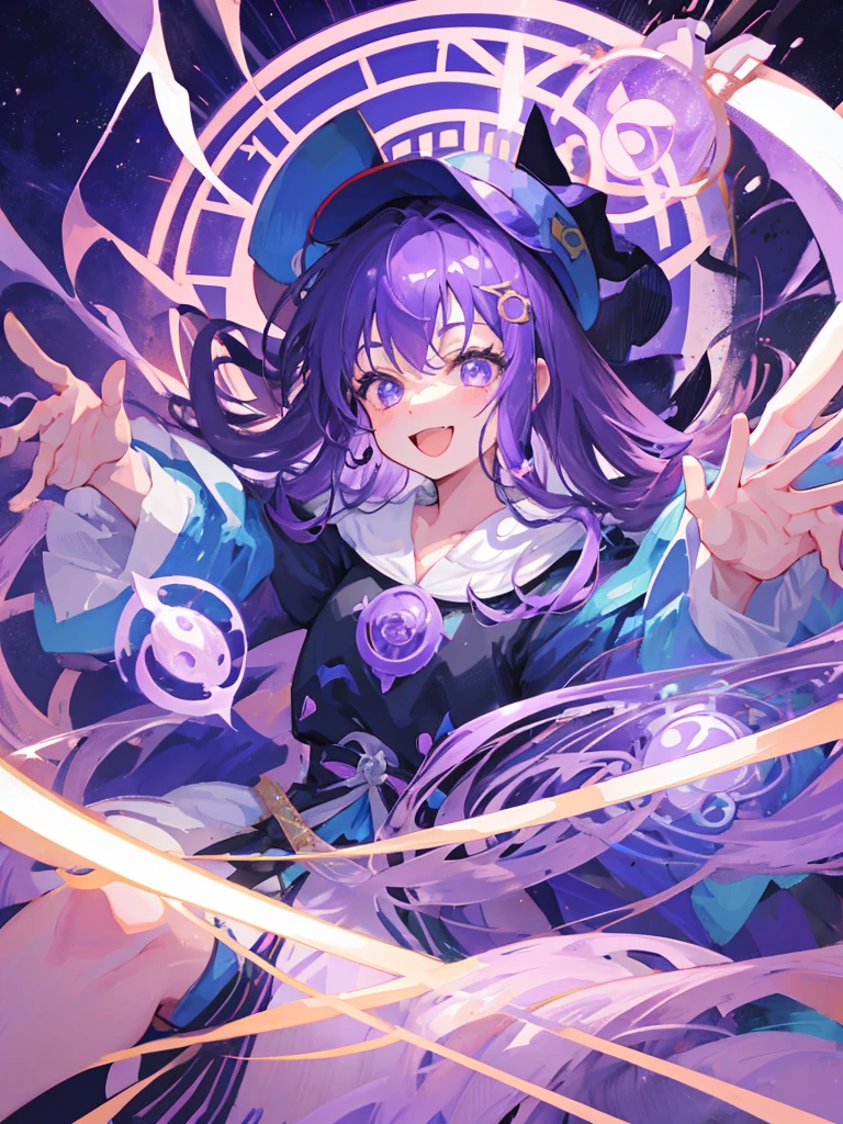 Wizard、One girl、Tongari hat、Purple Hair、long hair、magic circle、Big Eyes、Smile with your mouth closed、Highest品質, High definition, Ultra-fine, Highest_detailed