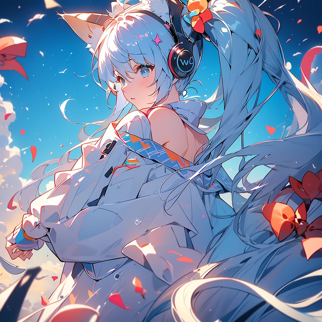 1 Girl,1 Headphones,Solitary,single,Solitary,((Best quality1.2))、((Masterpiece 1.2))、((Fashionable clothes))、((Bring a cute cat 1.5))、White((Rainbow Hair))、Back Alley