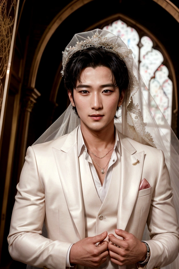 The handsome groom looked passionately at the beautiful bride
