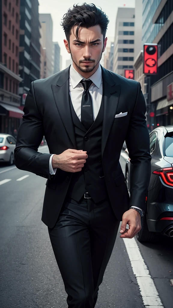 arafed man in a suit leaning on a car in a city, digital art by Yang J, trending on cg society, digital art, black luxurious suit, man in black suit, luxurious suit, neo - noir style, stylish suit, wearing a stylish men's suit, black suit, 3-piece-suit, formal attire, handsome and elegant