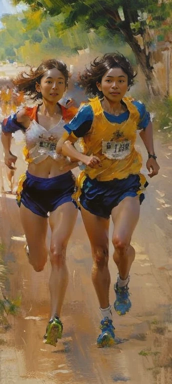 painting of a group of People run on a dirt road, People run,Impressionist brushwork, 到第一幅painting, painting笔法, Delicate face,painting,Sunlight