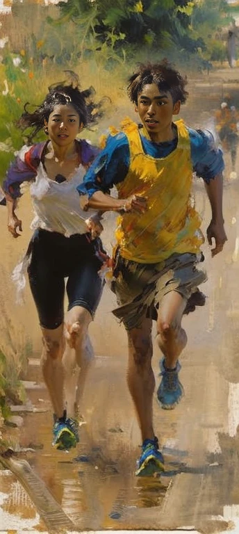 painting of a group of People run on a dirt road, People run,Impressionist brushwork, 到第一幅painting,  painting笔法, Delicate face，painting，Sunlight