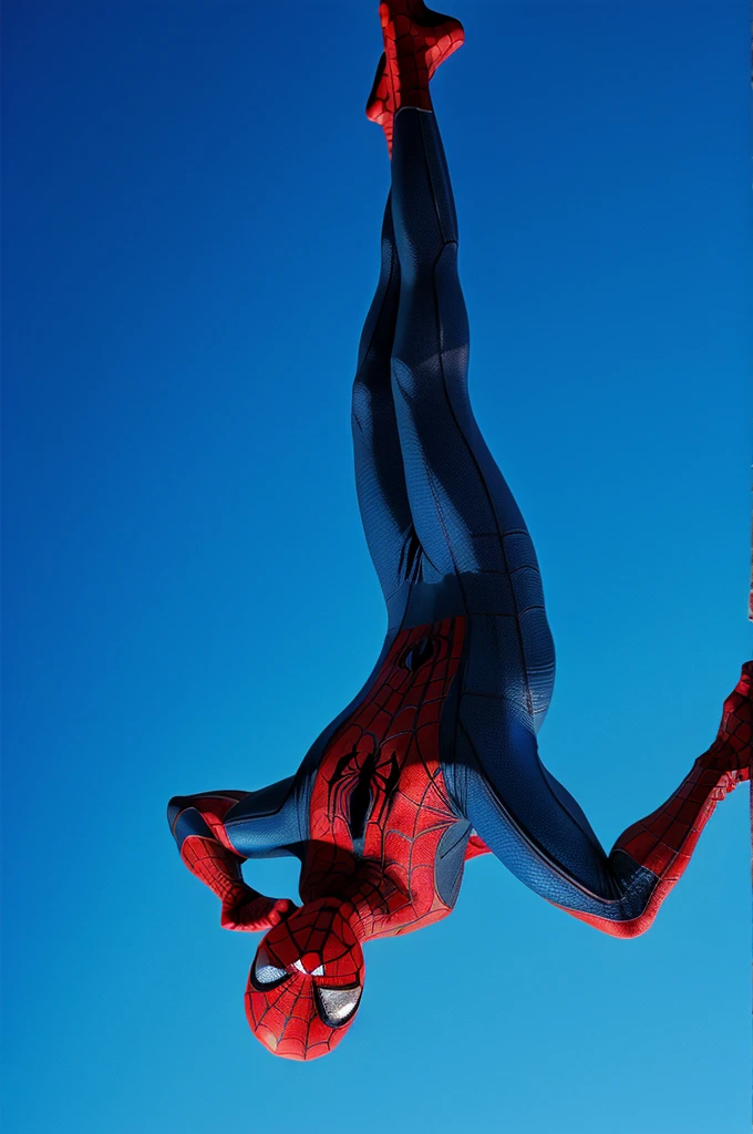 spiderman hanging upside down with blue background