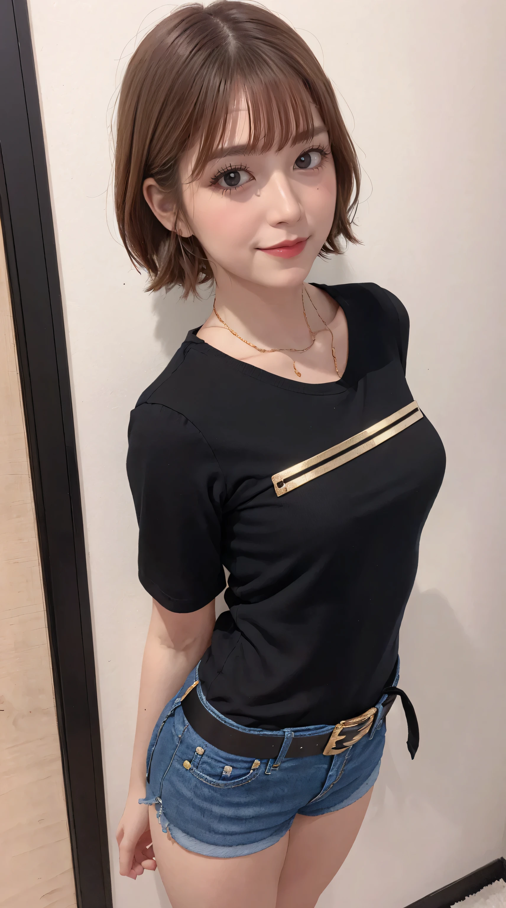 masterpiece, best quality, 4K, ultra-detailed, photorealistic, (1 girl), ((arms at sides)), (full body), (A fascinating eye for perfect detail:1.2), (smile), ((center parted hair)), (medium brown hair), (small breasts), ((black sailor shirt)), ((denim shorts)), ((black belt with gold buckle)), (standing), (front view)