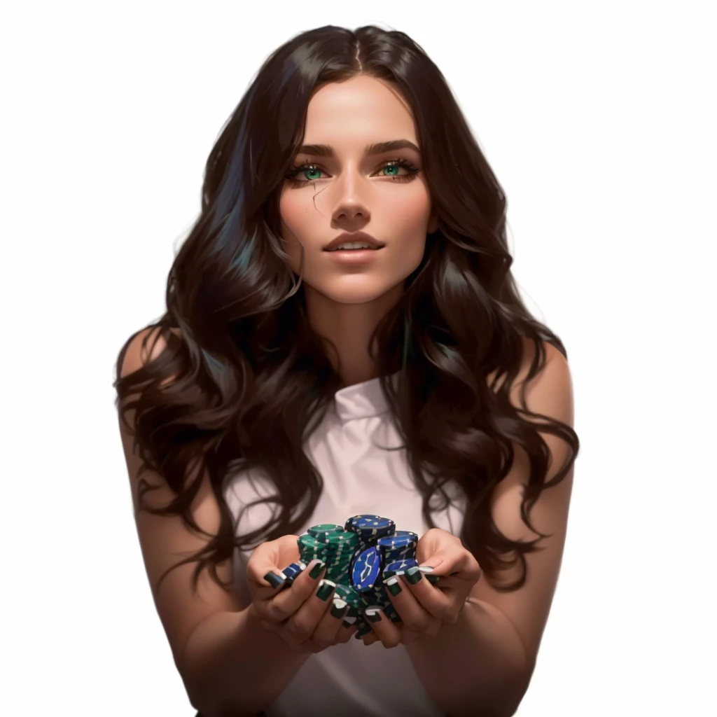 Aryan woman holding green and blue chips in her hands, casino, online casino logo, poker, Jody Herolle, On black background, Profile photo, gamble, 3 0-year-old female, 30-year-old female, playing poker, Looks cool, Stunning images, Gorgeous Stella Maeve
