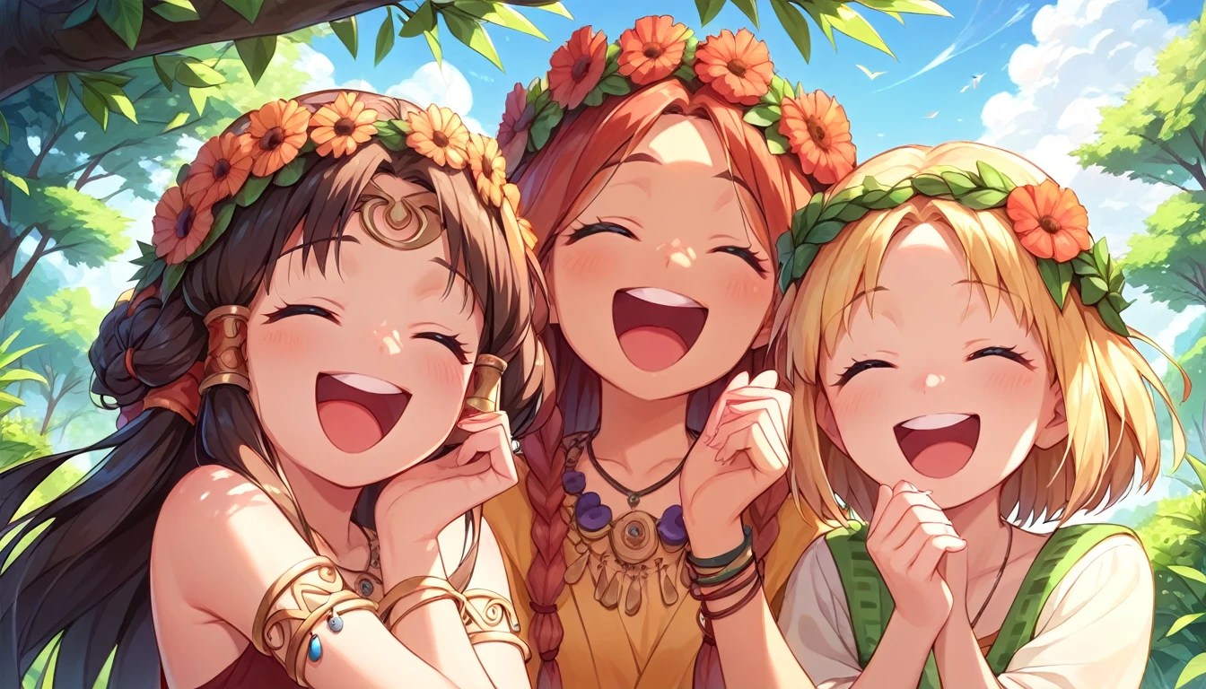 ((multiple girls:1.3)), ((moe style:1.3)), ((hippie:1.3)), ((band:1.3)), ((laughing:1.3)),  ((centerfold:1.3)), ((extremely feminine:1.3)), perfect hands, ((perfect face)), ((extremely cute:1.3)), ((masterpiece)), ((8k)), ((best quality)), ((beautiful)), ((extremely detailed:1.3)) , ((absurdres)), AddXL, ((score_9:1.3)), ((score_8_up:1.3)), ((score_7_up:1.3)),