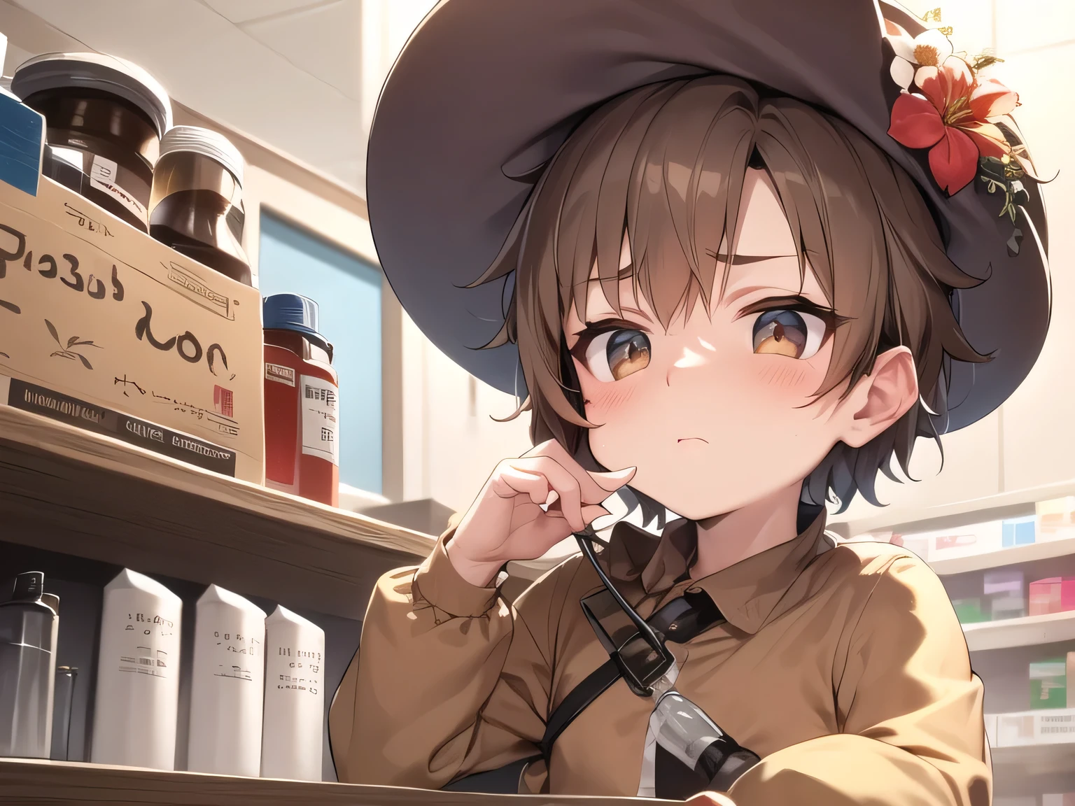 a , light brown short hair, flower hat, liniment, tube, Anti-itch, pharmacy
