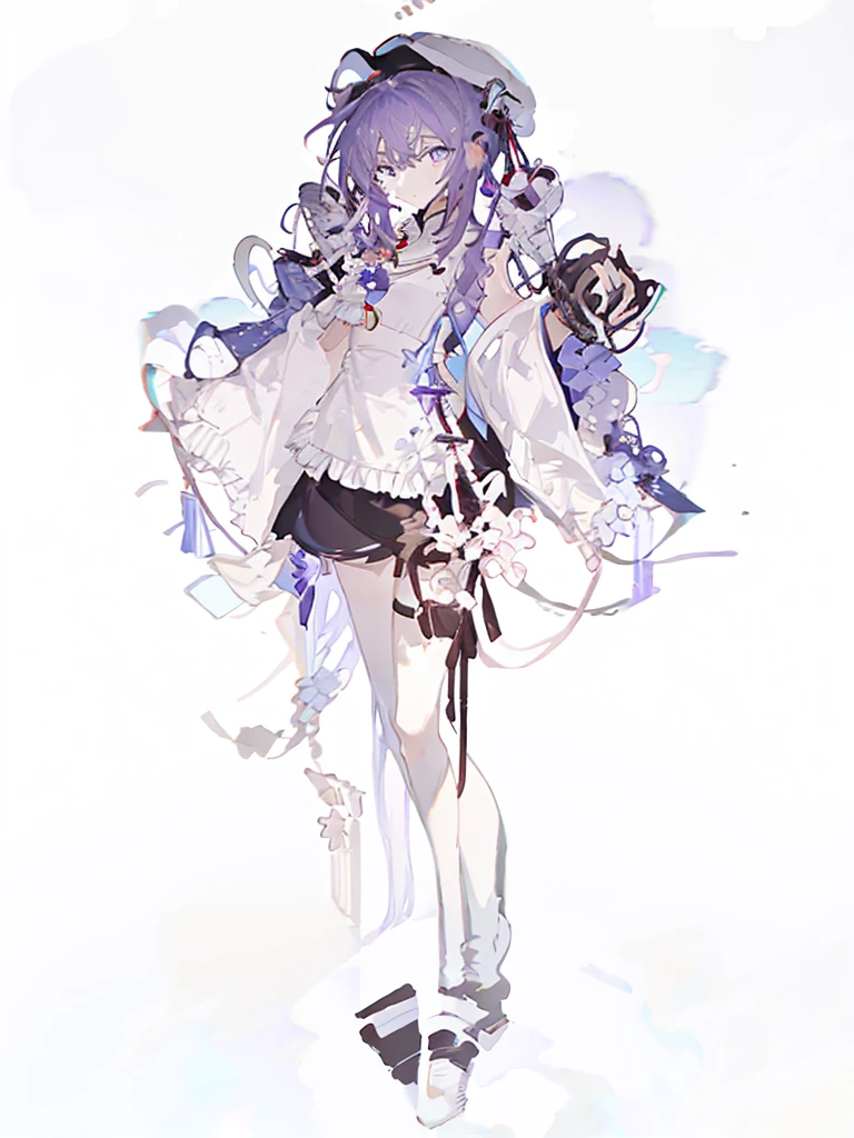 A girl，Standing picture，whole body，Standing，Purple Hair，Double bun head，Berets，Chinese style，Button，Chinese knot，Candied Haws