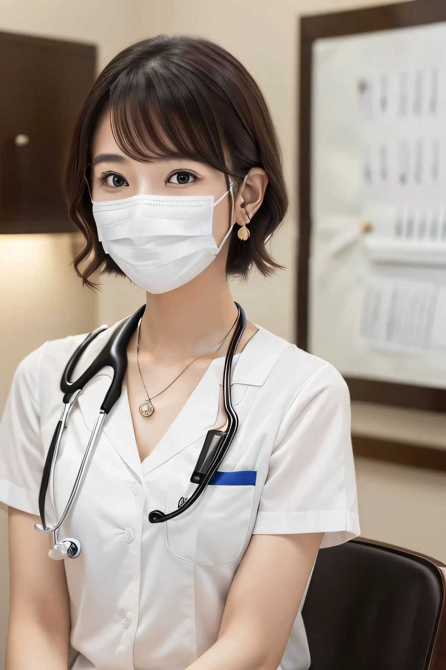 Beautiful young woman、 Japanese women、(sitting in a chair in the examination room)、Black Hair、Necklace around the neck、White、shirt、Stethoscope、Put the mask on by shifting it、short hair、Intricate details, Very detailed:1.2), 、 Looking into the camera,The background is the examination room...、ear piercing