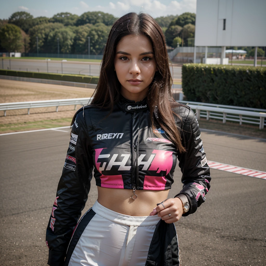 1girl in, 30 years old, Square face, Long hair, Looking at viewer, jewelry, Realistic, Sexy, racing outfit, colorful outfit, F1 racetrack background, freestyle pose