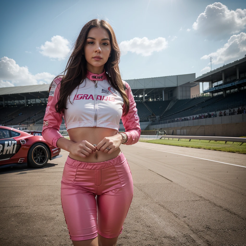 1girl in, 30 years old, Square face, Long hair, Looking at viewer, jewelry, Realistic, , racing outfit, colorful outfit, F1 racetrack background, freestyle pose