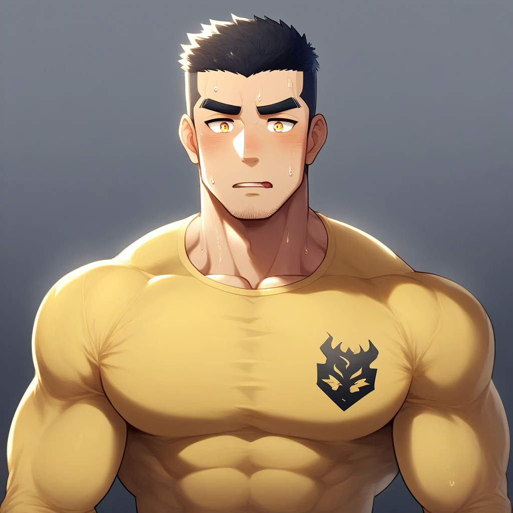 anime characters:Gyee, Muscle Sports Student, 1 muscular tough guy, Manliness, male focus, Light yellow high collar long sleeve tight T-shirt, Very tight, The clothes were soaked with sweat, The pectoral muscles are oversized, Slightly transparent, muscular male, muscular, only, Upper body, alone, Black short hair, Thick eyebrows, stubble, Yellow eyes, Grey background, simple background, amazing quality, best aesthetics, Ridiculous, bright pupils, crew cut, parted lips, shy, blush, moaning, saliva trail, drop shadow, best quality