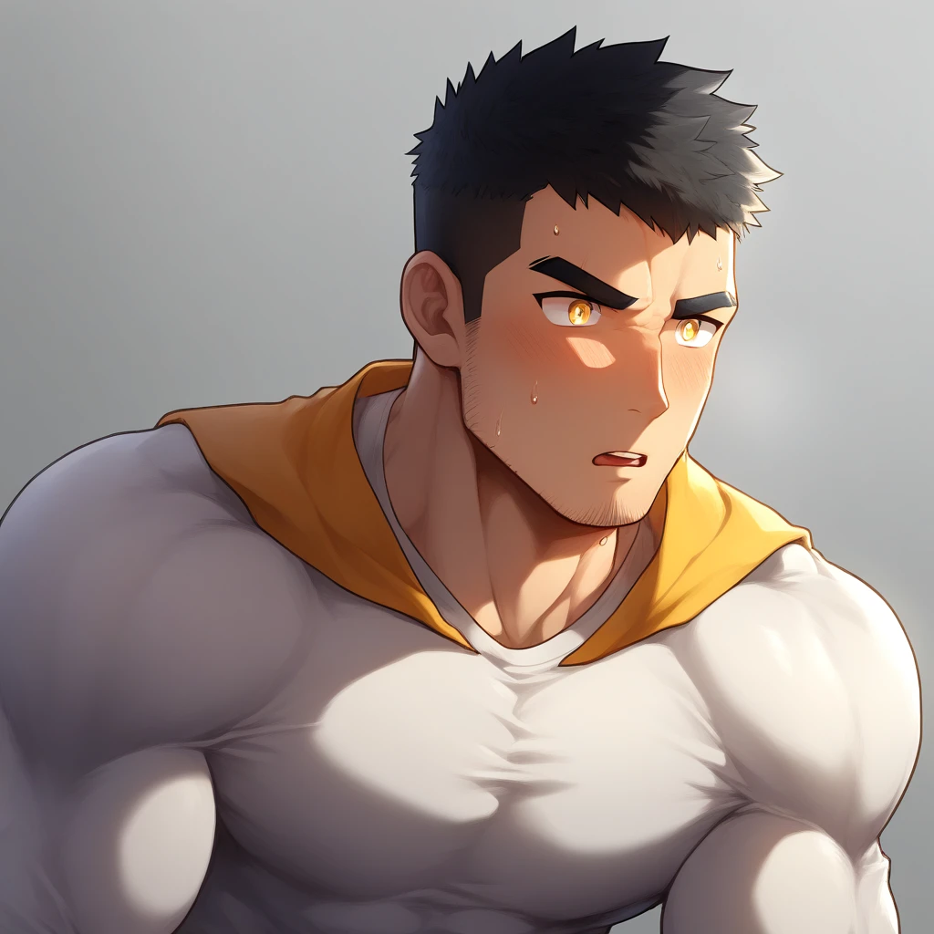 anime characters：Gyee, Muscle Sports Student, 1 muscular tough guy, Manliness, male focus, Light yellow high collar long sleeve tight T-shirt, Very tight, The clothes were soaked with sweat, The pectoral muscles are oversized, Slightly transparent, muscular male, muscular, only, Upper body, alone, Black short hair, Thick eyebrows, stubble, Yellow eyes, Grey background, simple background, amazing quality, best aesthetics, Ridiculous, bright pupils, crew cut, parted lips, shy, blush, moaning, saliva trail, drop shadow, best quality