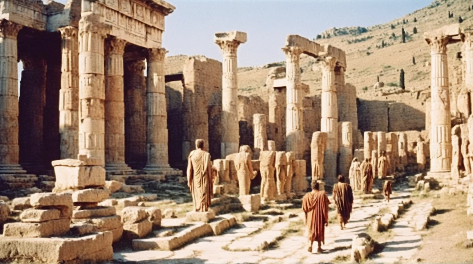 grainy old 35mm vintage, there is a large ancient roman-empire city with dinosaurs and people, Ancient Greece Olympus Zeus-god appearing in god-ray, vast scenery