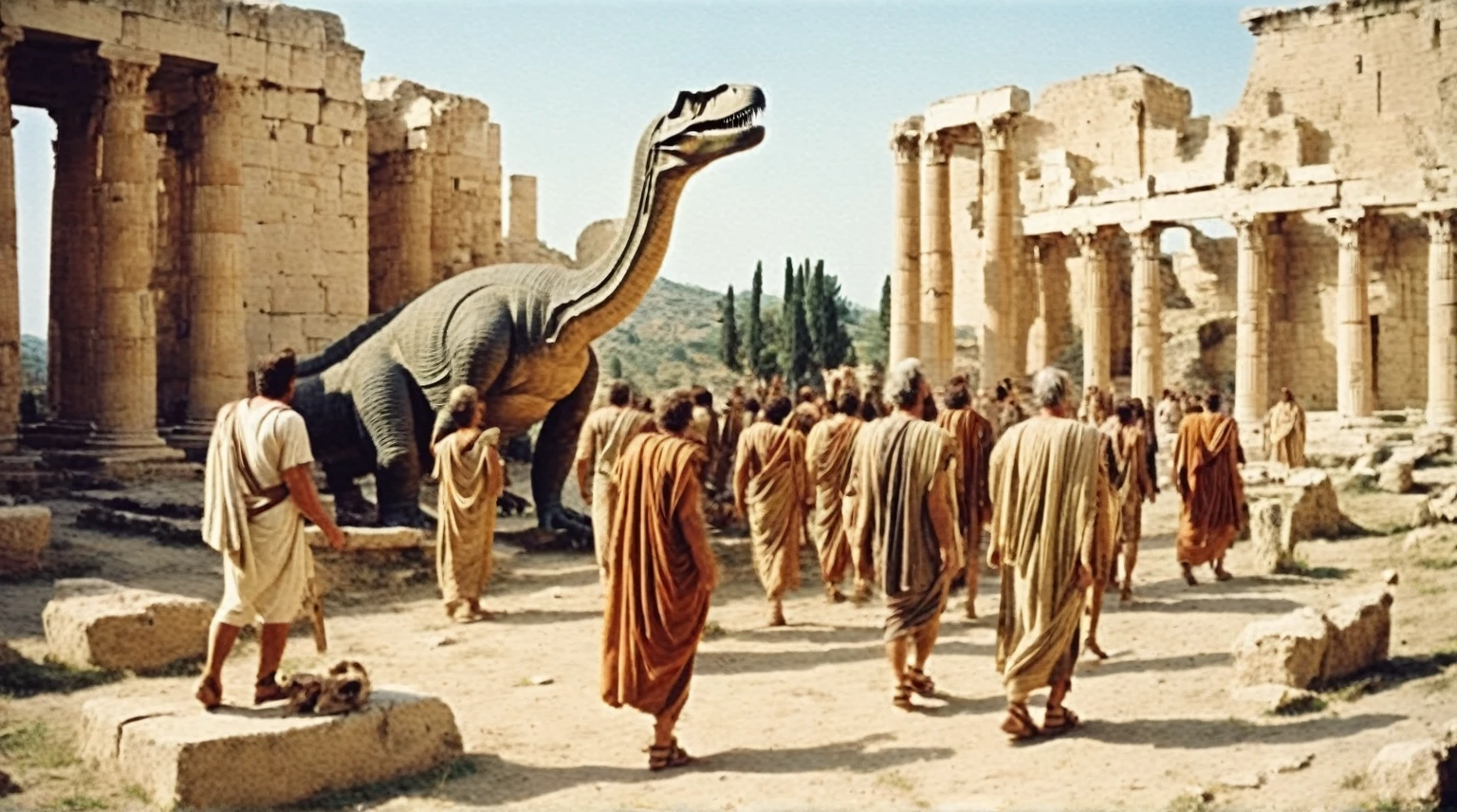 grainy old 35mm vintage, there is a large ancient roman-empire city with dinosaurs and people, Ancient Greece Olympus Zeus-god appearing in god-ray, vast scenery