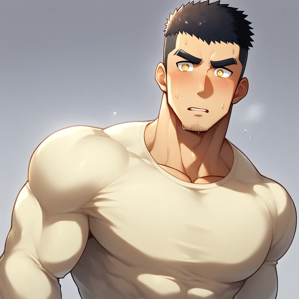 anime characters:Gyee, Muscle Sports Student, 1 muscular tough guy, Manliness, male focus, Light yellow high collar long sleeve tight T-shirt, Very tight, The clothes were soaked with sweat, The pectoral muscles are oversized, Slightly transparent, muscular male, muscular, only, Upper body, alone, Black short hair, Thick eyebrows, stubble, Yellow eyes, Grey background, simple background, amazing quality, best aesthetics, Ridiculous, bright pupils, crew cut, parted lips, shy, blush, moaning, saliva trail, drop shadow, best quality