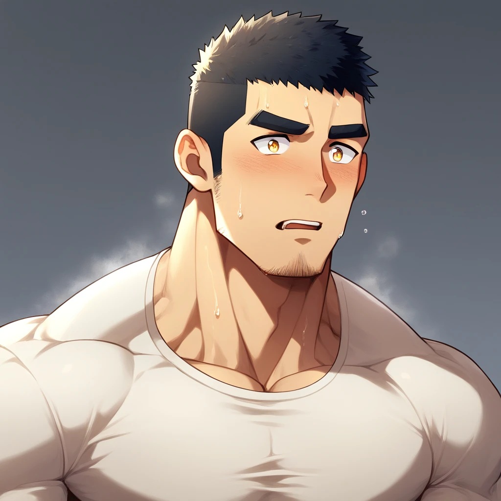 anime characters：Gyee, Muscle Sports Student, 1 muscular tough guy, Manliness, male focus, Light yellow high collar long sleeve tight T-shirt, Very tight, The clothes were soaked with sweat, The pectoral muscles are oversized, Slightly transparent, muscular male, muscular, only, Upper body, alone, Black short hair, Thick eyebrows, stubble, Yellow eyes, Grey background, simple background, amazing quality, best aesthetics, Ridiculous, bright pupils, crew cut, parted lips, shy, blush, moaning, saliva trail, drop shadow, best quality