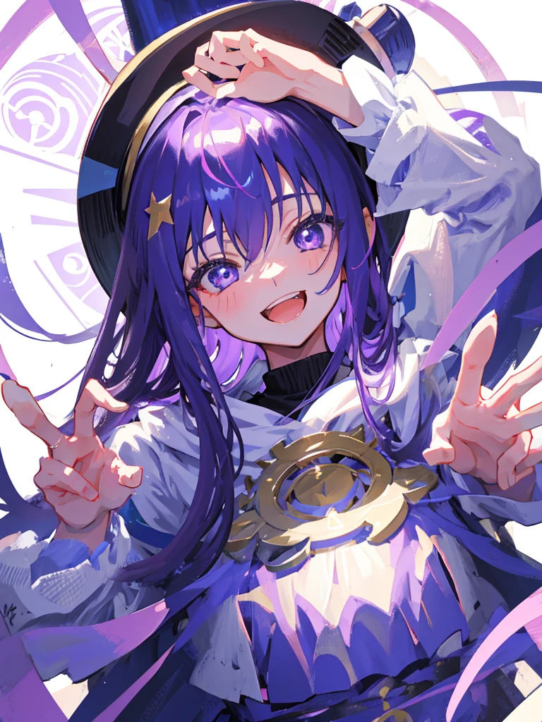 Wizard、One girl、Tongari hat、Purple Hair、long hair、magic circle、Big Eyes、Smile with your mouth closed、Highest品質, High definition, Ultra-fine, Highest_detailed