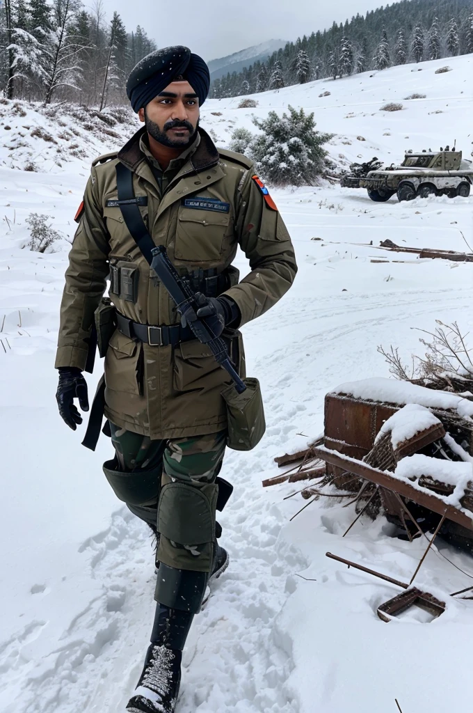 Major Arjun Singh directing his soldiers with determination amidst the chaos of battle in a snowy terrain."