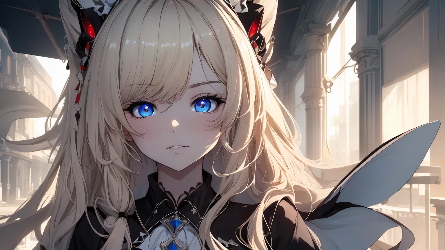 ((((Obra maestra, La mejor calidad, ultrahigh resolution)))), 1girl, standing, (cute maid costume), ((long pure blonde hair, hair over eye)), long hair cut, pale skin, ((red eyes)), glowing_eyes, neon eyes, (ultra detailed eyes:0.7, beautiful and detailed face, detailed eyes:0.9), ((centered)), smile, ((wide shot)), facing viewer, ((vibrant background, bright lighting, summer, sunlight)), flat chested, looking at viewer, ((half closed eyes)), ((perfect hands)), (((head:1, arms, hips in view, elbows, arms, legs, in view))), ((hands behind back)), empty eyes, beautiful lighting, ((outside, outdoors)), defined subject, head tilt, (((gritty)), ((creepy)), ((cool)), ((beautiful)), (((SFW))), blue eyes