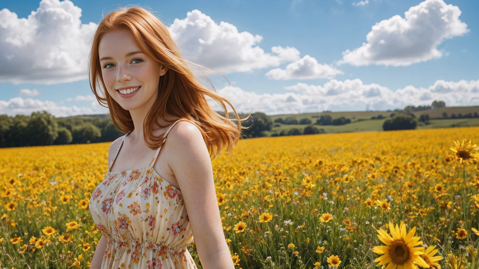 European girl, sundress, ginger hair, freckled face, standing in a colourful flower field, looking at camera and smile, mid-day, bright, windy, high quality photo, photo realistic, extremely detailed