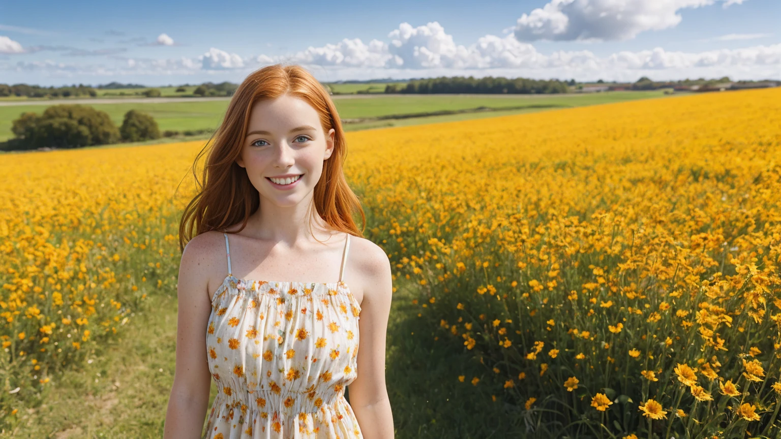 European girl, sundress, ginger hair, freckled face, standing in a colourful flower field, looking at camera and smile, mid-day, bright, windy, high quality photo, photo realistic, extremely detailed