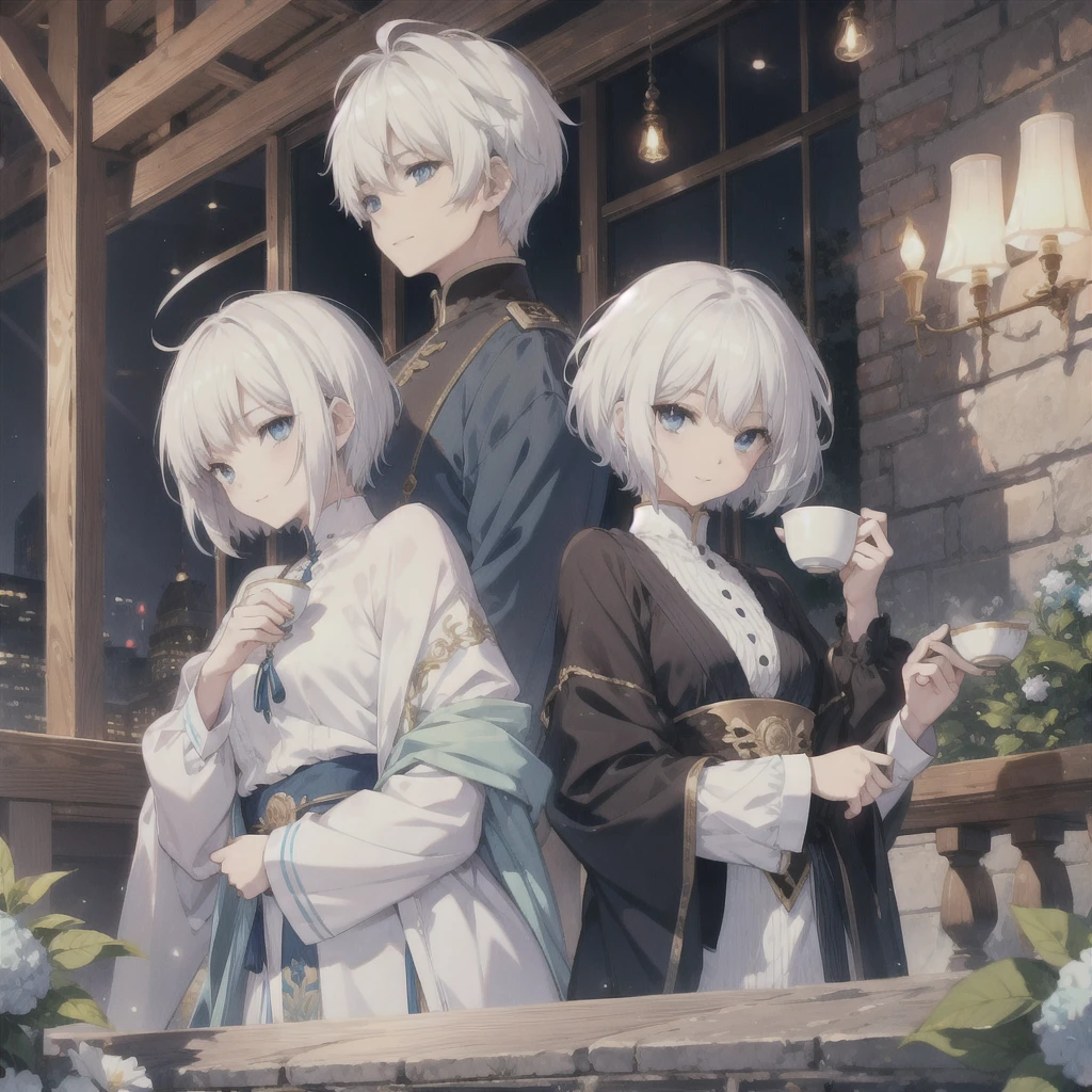 (((White Hair　Short Hair　blue eyes　noble)))　((Noble clothes　Drinking tea))　(smile)　Shining Edge