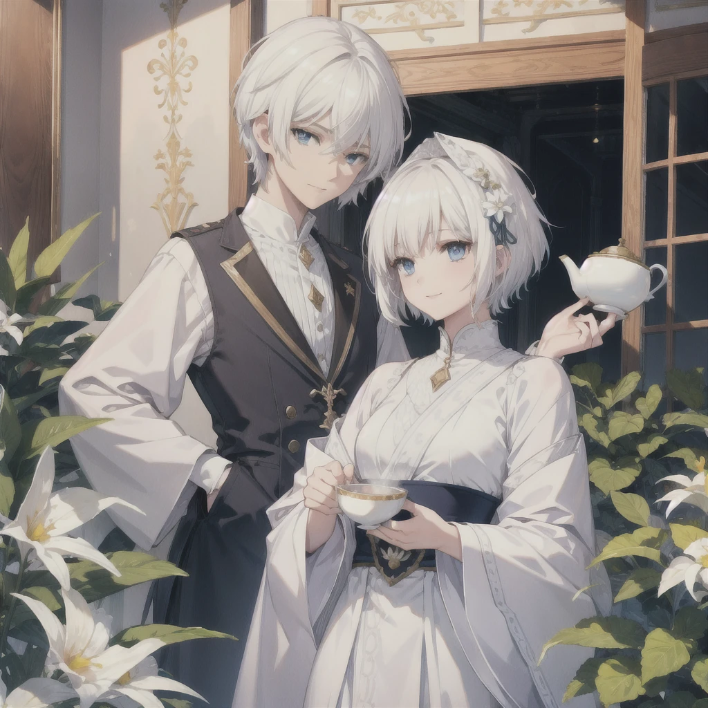 (((White Hair　Short Hair　blue eyes　noble)))　((Noble clothes　Drinking tea))　(smile)　Shining Edge