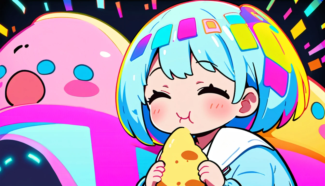 1 female, Light blue hair,　short hair、Happy,cute, animation style, kawaii, clearly, bubblegum pop, cute、Pink and light blue as main colors、eating omelet rice、Anime Style、colorful、Pop、colorful cyberpunk,
