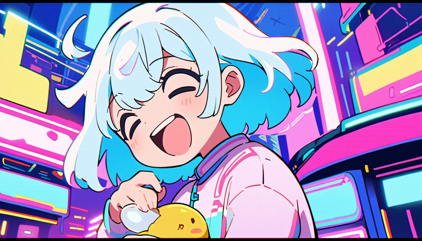 1 female, Light blue hair,　short hair、Happy,cute, animation style, kawaii, clearly, bubblegum pop, cute、Pink and light blue as main colors、eating omelet rice、Anime Style、colorful、Pop、colorful cyberpunk,