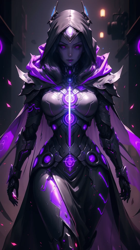 a dark fantasy cyberpunk android woman, 1 girl, highly detailed, hyper realistic, masterpiece, 8k, photorealistic, beautiful detailed eyes, beautiful detailed lips, extremely detailed face, long eyelashes, long white hair, shawl, black coat, glowing purple eyes, expressionless, mecha long skirt, holding a weapon, beautiful necromancer, dark cloaked necromancer, beautiful death, dark witch character, (black purple:1.1), studio lighting, professional, vivid colors, physically-based rendering, extreme detail description