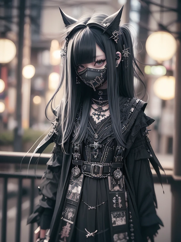 Highest quality、8K、masterpiece:1.3、Gothic Punk、The inside color is red、Black-haired、hair ornaments、Beautiful girl、creative、Dark Fantasy Style、Neogoth、Goth Fashion:1.2、High resolution、masterpiece、Highest quality、頭w:1.3、((Hasselblad Photos))、Fine skin、Sharp focus、(Cinematic lighting)、Realistic textured hair、((Black Mask)),Esbian all over、((View from below))