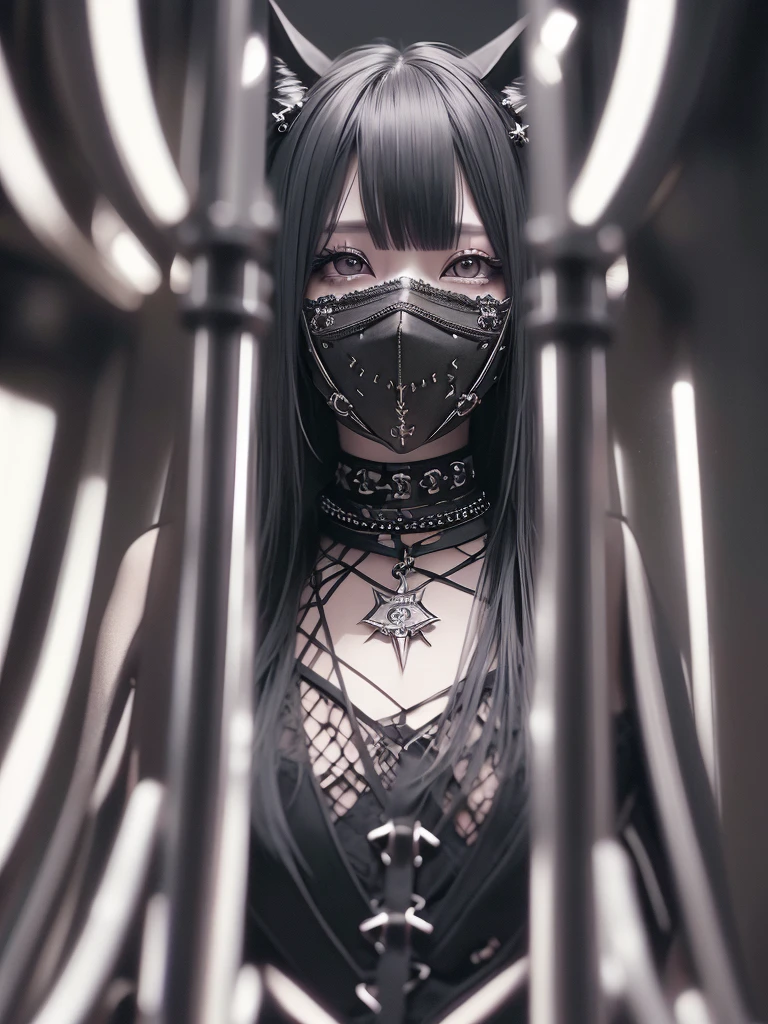Highest quality、8K、masterpiece：1.3、Gothic Punk、The inside color is red、Black-haired、hair ornaments、Beautiful girl、creative、Dark Fantasy Style、Neogoth、Goth Fashion：1.2、High resolution、masterpiece、Highest quality、頭w:1.3、((Hasselblad Photos))、Fine skin、Sharp focus、(Cinematic lighting)、Realistic textured hair、((Black Mask)),Esbian all over、((View from below))