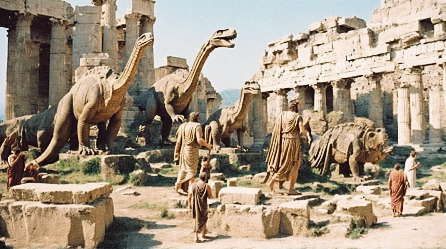 grainy old 35mm vintage, there is a large ancient roman city with dinosaurs and people, Ancient Greece Olympus Zeus-god appearing in god-ray, vast scenery